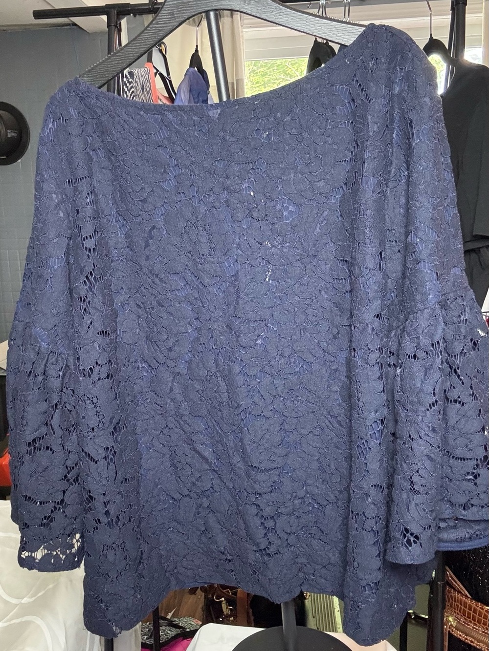 Ralph Lauren Navy Floral Lace Bell-Sleeve Blouse